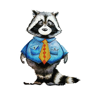 Illustrated cartoon raccoon wearing a jean shirt and yellow tie