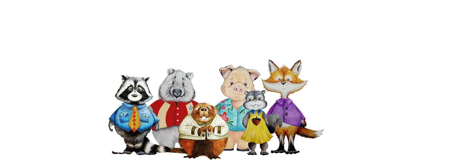cartoon raccoon, wombat, beaver, pig, squirrel and fox