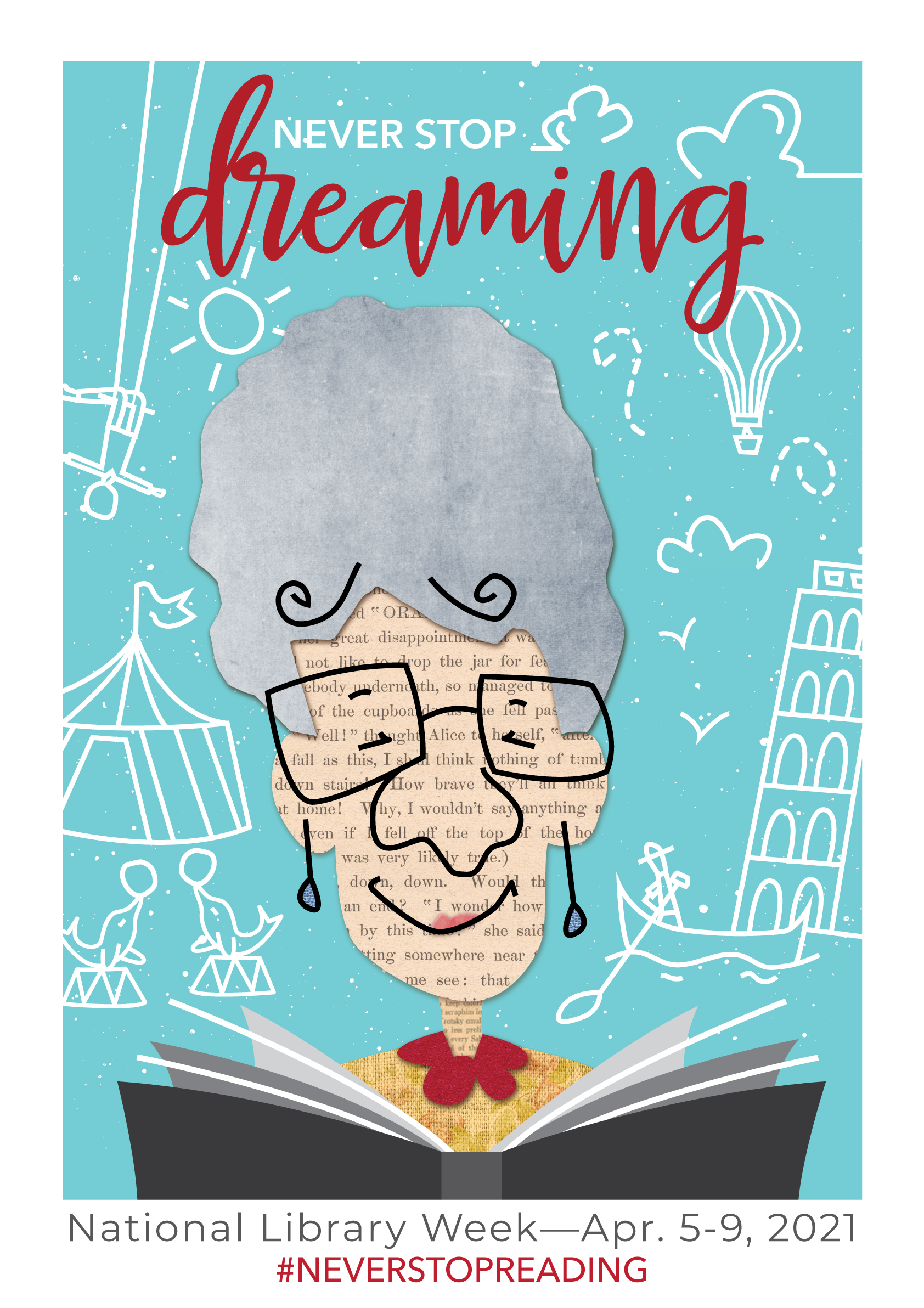 poster with old woman reading a book