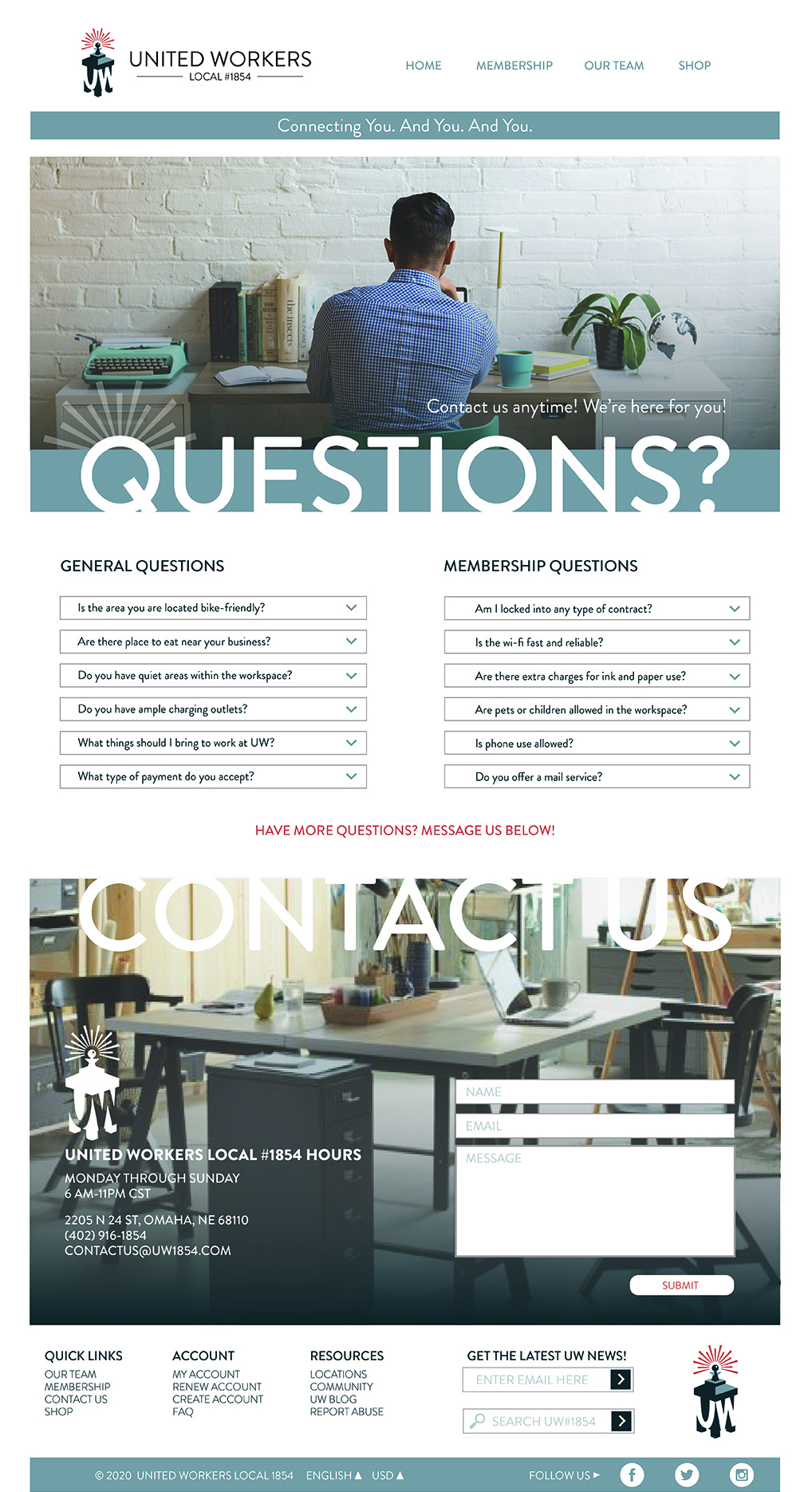 screenshot of UW website contact us page