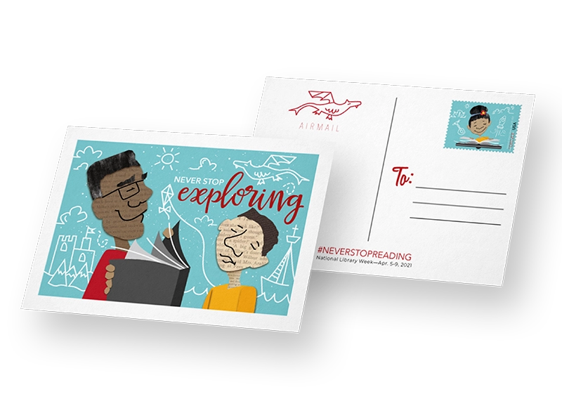 postcard with illustration of man reading to a boy